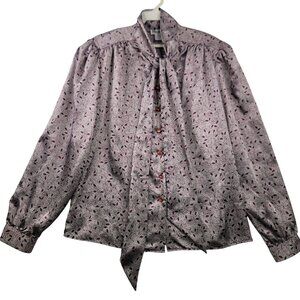 80s Size 8 Flowy Neck Tie Leaf Print Blouse Feminine Romantic Dainty Whimsical